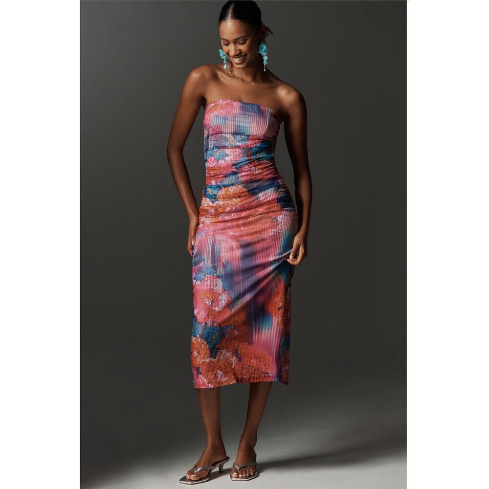 Anthropologie NWT Soleil Strapless Ruched Mesh Midi Dress Size M